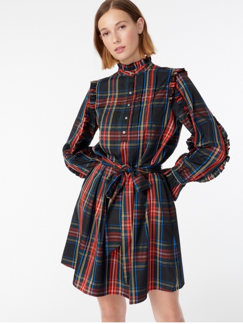 NWT! J. Crew Stewart Tartan Plaid Belted Ruffled Popover Dress Size Small